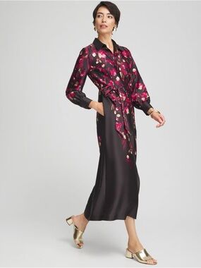 Chicos Floral Tie-Waist Satin Shirt Dress